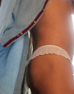 Load image into Gallery viewer, detail of edge of white frill knickers worn by a man. Moot Lingerie for men. 
