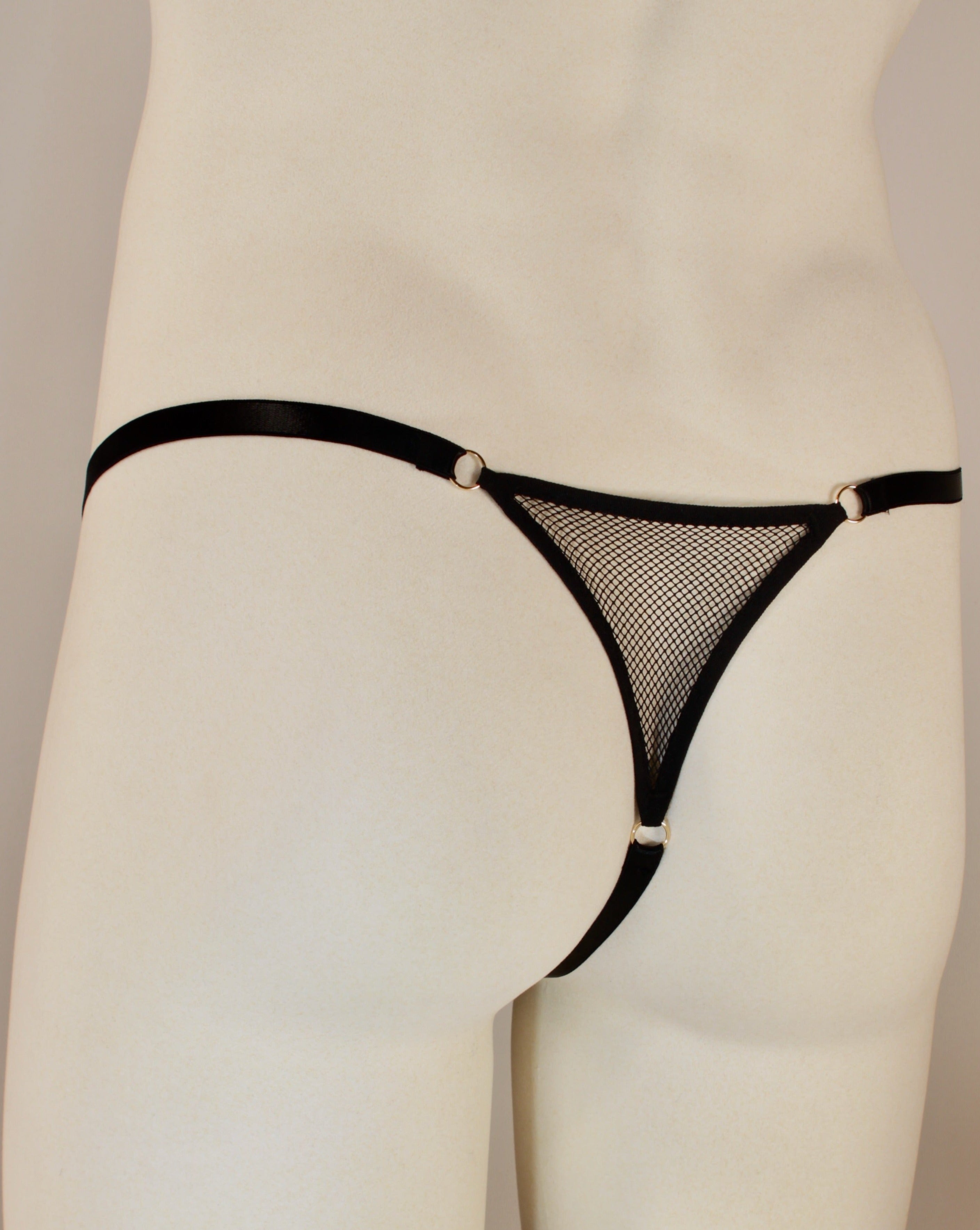 rear view of fishnet thong, sexy underwear for men, trans man friendly lingerie, pouched lingerie, sexy underwear by Moot lingerie