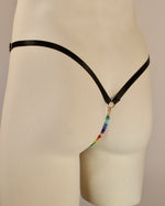 Load image into Gallery viewer, rear view of satin straps on open lasso thong by Moot lingerie for men. Mens thong, open sexy underwear, rainbow bead thong, beaded thong, sensual underwear for men, 
