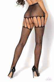 Rear view of suspender style tights with multi straps and crystal decoration. For guys who love nylon. Moot lingerie. 