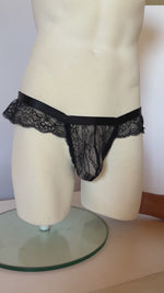 Load and play video in Gallery viewer, Mannequin showing black lace knickers for men, lingerie for men, mens lingerie, men in lacy knickers, sexy lacy panties for men. 
