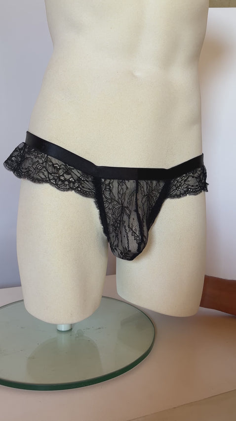 Mannequin showing black lace knickers for men, lingerie for men, mens lingerie, men in lacy knickers, sexy lacy panties for men. 