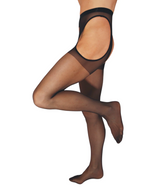 Load image into Gallery viewer, black sheer suspender tights for men , sexy sheers for him, guylons, men in nylons, sexy legs in sheers, can men wear tights?, men who love silky legs, nylon guys, where can a man buy tights, where can a man buy suspenders? 
