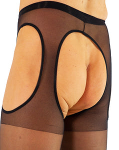 Man's naked bottom seen from behind as a close up, wearing simple strap design suspender tights. 