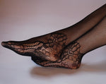 Load image into Gallery viewer, mans feet in sexy nylon fishnet tights lacy floral nylons with feet close up of feet in sexy tights mens lingerie by Moot Lingerie
