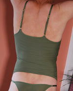 Load image into Gallery viewer, back of sexy vest top for men with sillky straps. Matching khaki green strappy knickers for men by Moot Lingerie.
